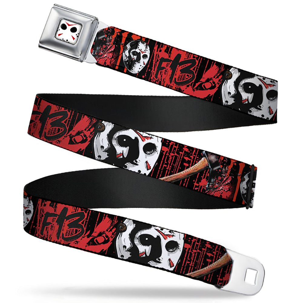 Jason Mask Close-Up Full Color Black/White/Red- Friday the 13th/Jason Mask 4/Axe Blood Splatter Seatbelt Belt-FRONT