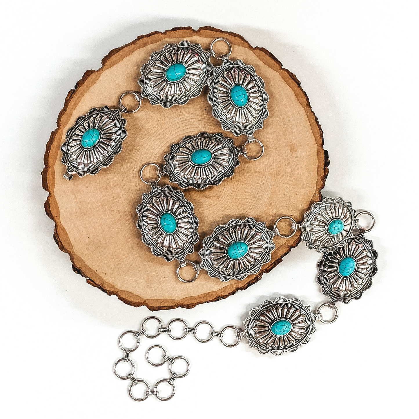 Silver Tone Concho Belt with Turquoise Stones