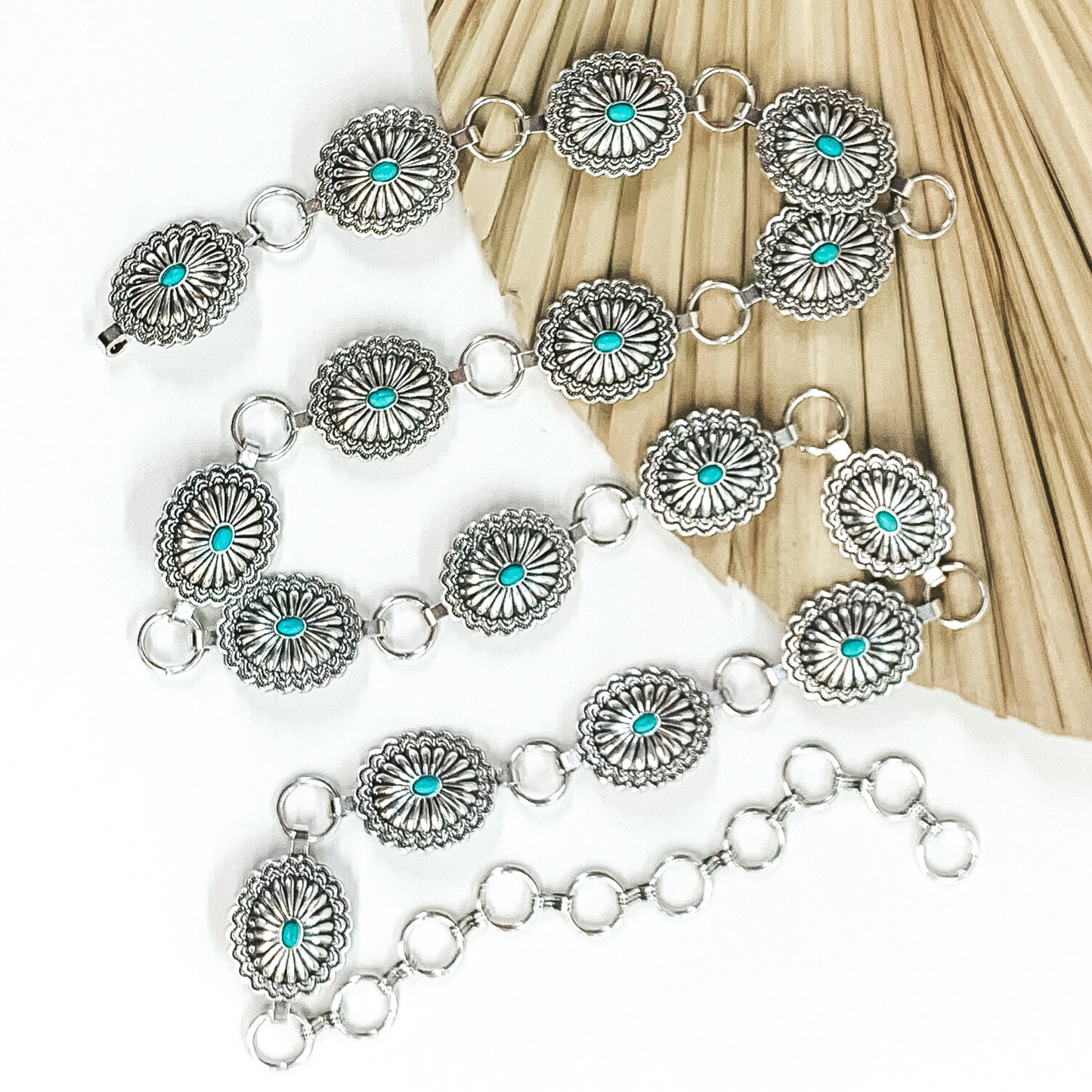 Concho Belt with Faux Turquoise Stones in Silver Tone