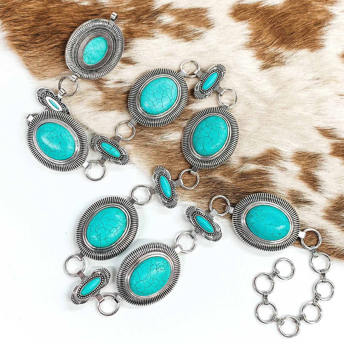Western State of Mind Silver Tone Concho Belt with Faux Turquoise Stones