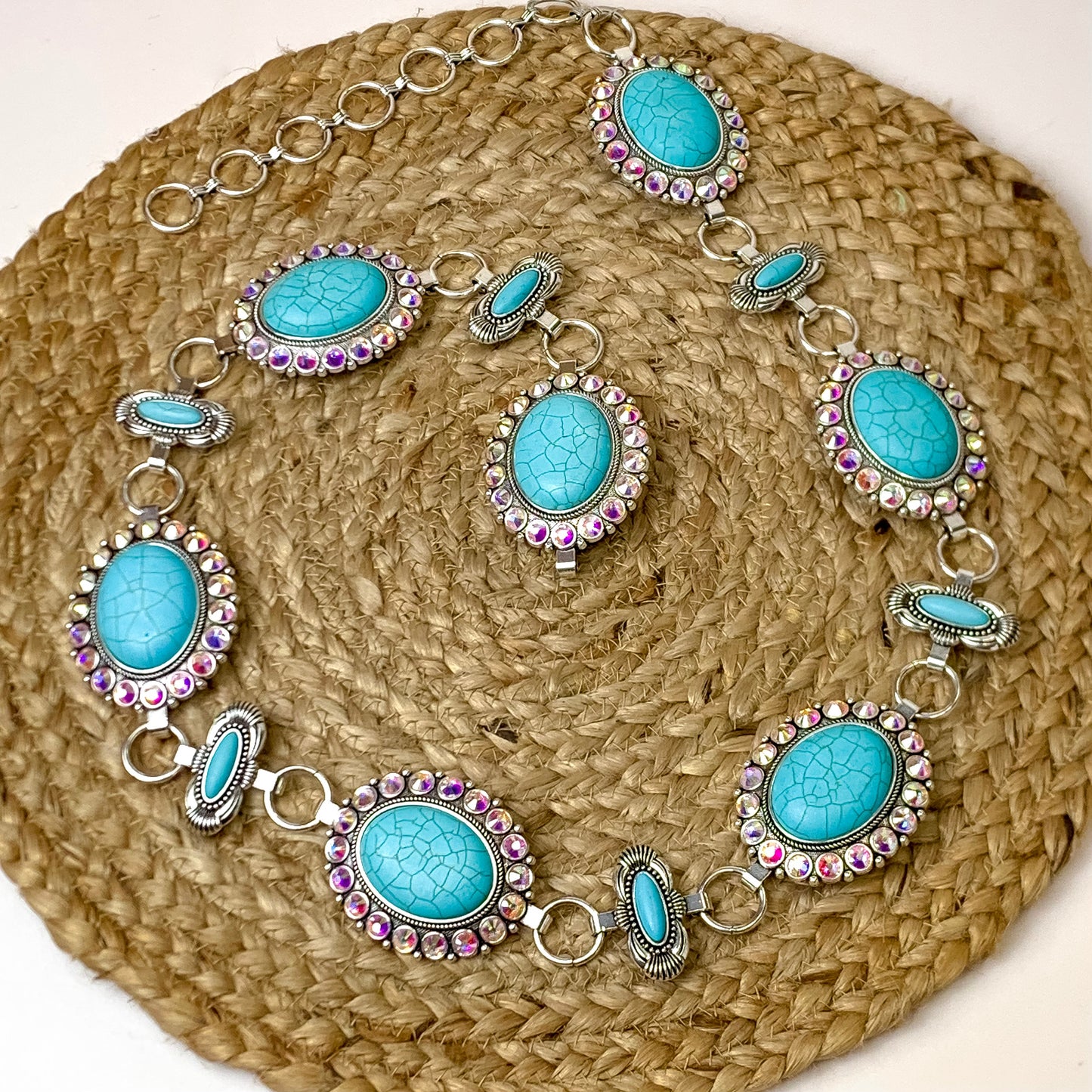 Silver Faux Turquoise Concho with AB crystal Border Chain Link Belt