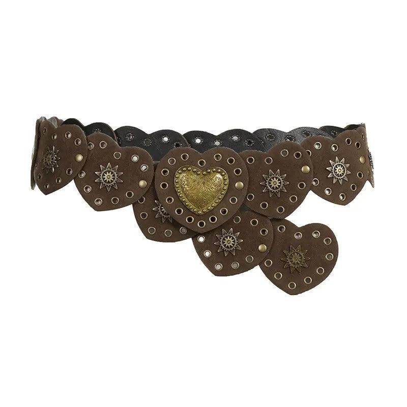 Women's Accessories - Belts Brown Pinned Belt Decorated with White Love Hearts Bohemian Style