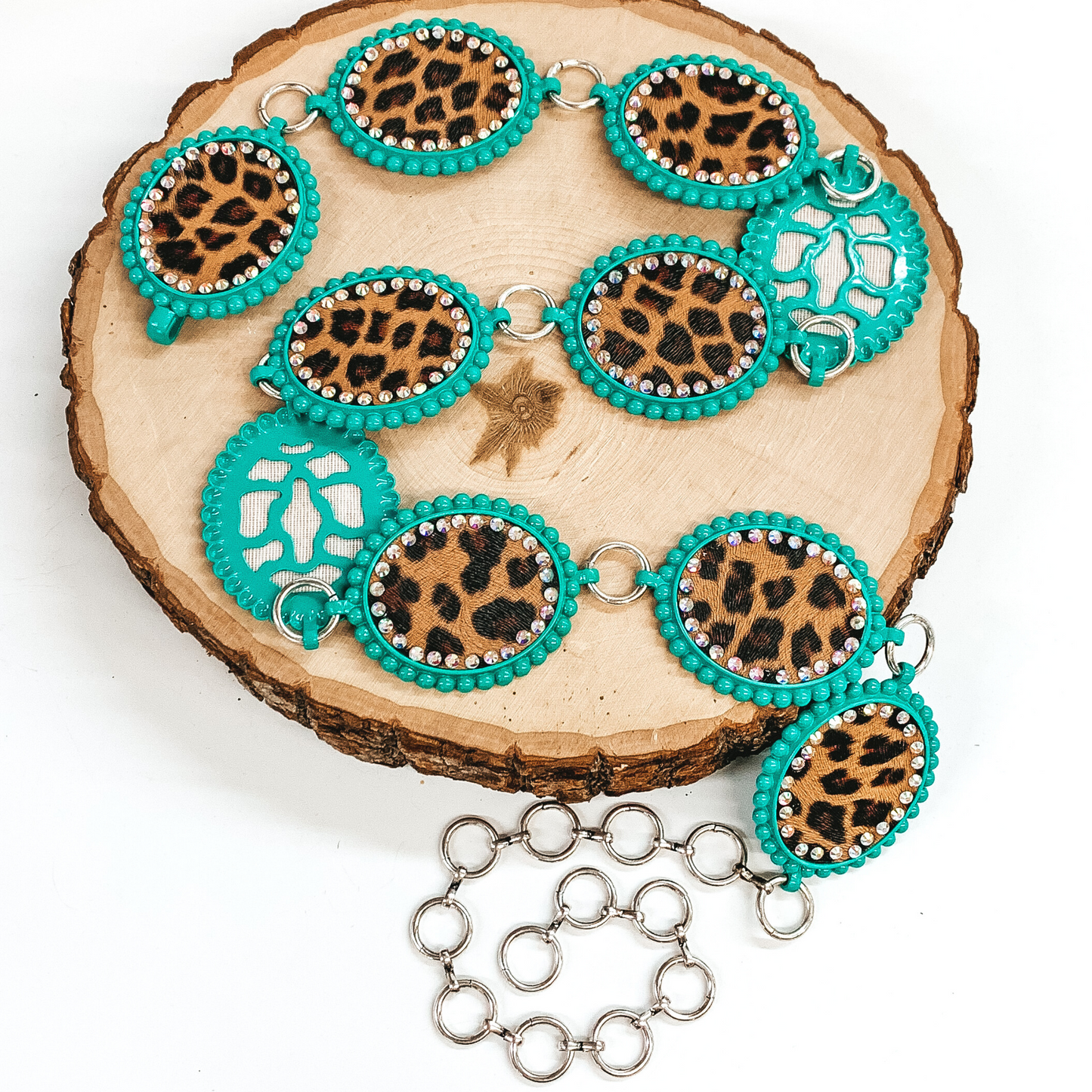 Leopard Print Concho Belt with AB Crystal Outline in Turquoise Tone