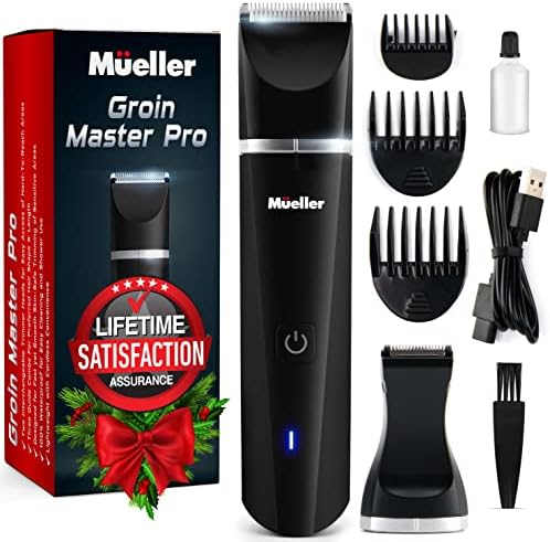 Mueller Groinscaper Pro Hair Trimmer 5.0, Replaceable SkinSaver Ceramic Blade Heads, Waterproof Wet/Dry Clippers, Rechargeable, Wireless Charging, Ultimate Male Hygiene Razor