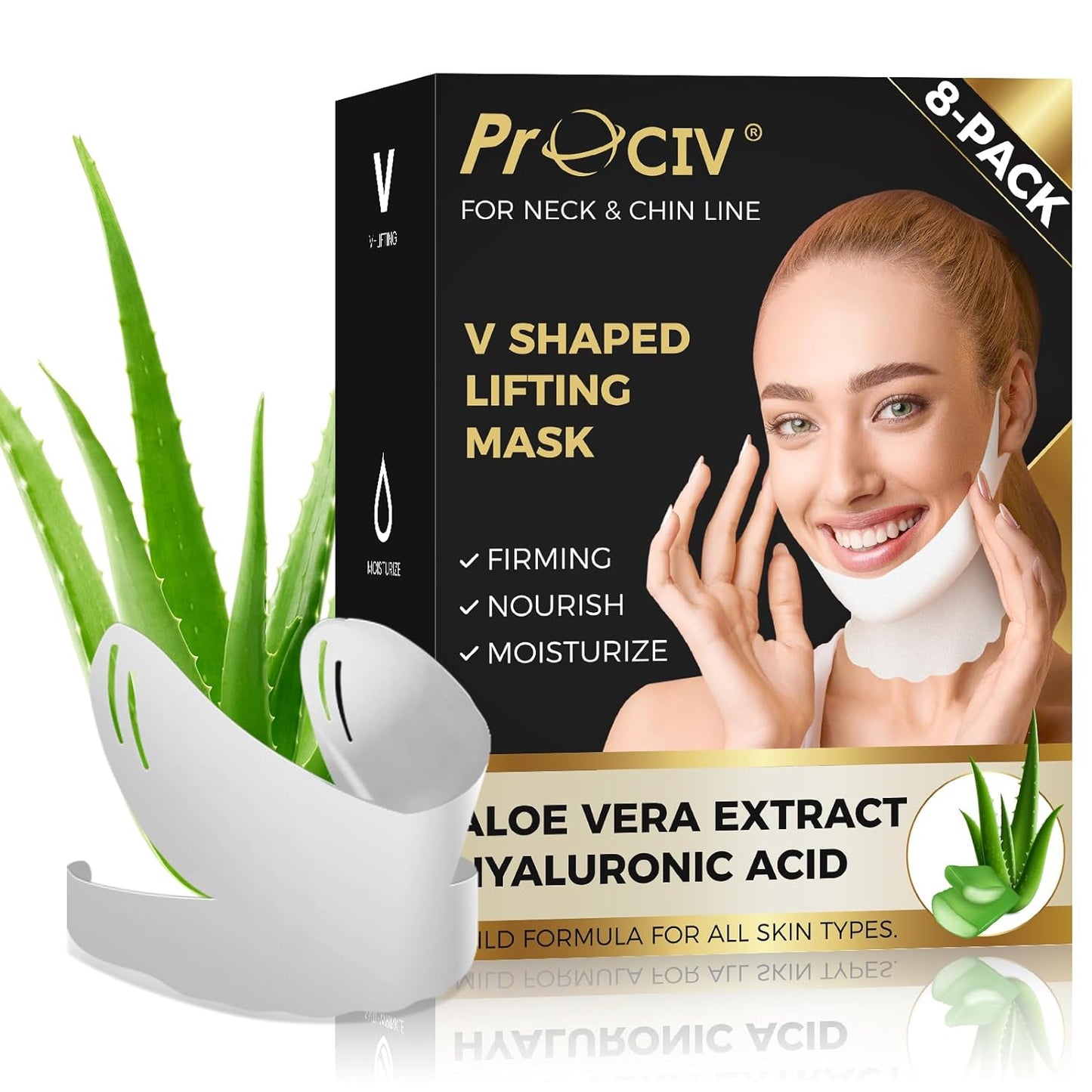 V Line Lifting Mask 8 PCS, Double Chin Tightener, Neck Lift Mask with Aloe Vera Extract, Hyaluronic Acid and Vitamin E, Anti-Aging Face Mask, Neck Firming Mask, Face Lift Strap, Face Slimmer for Women