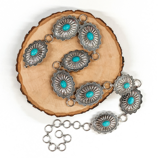 Silver Tone Concho Belt with Turquoise Stones
