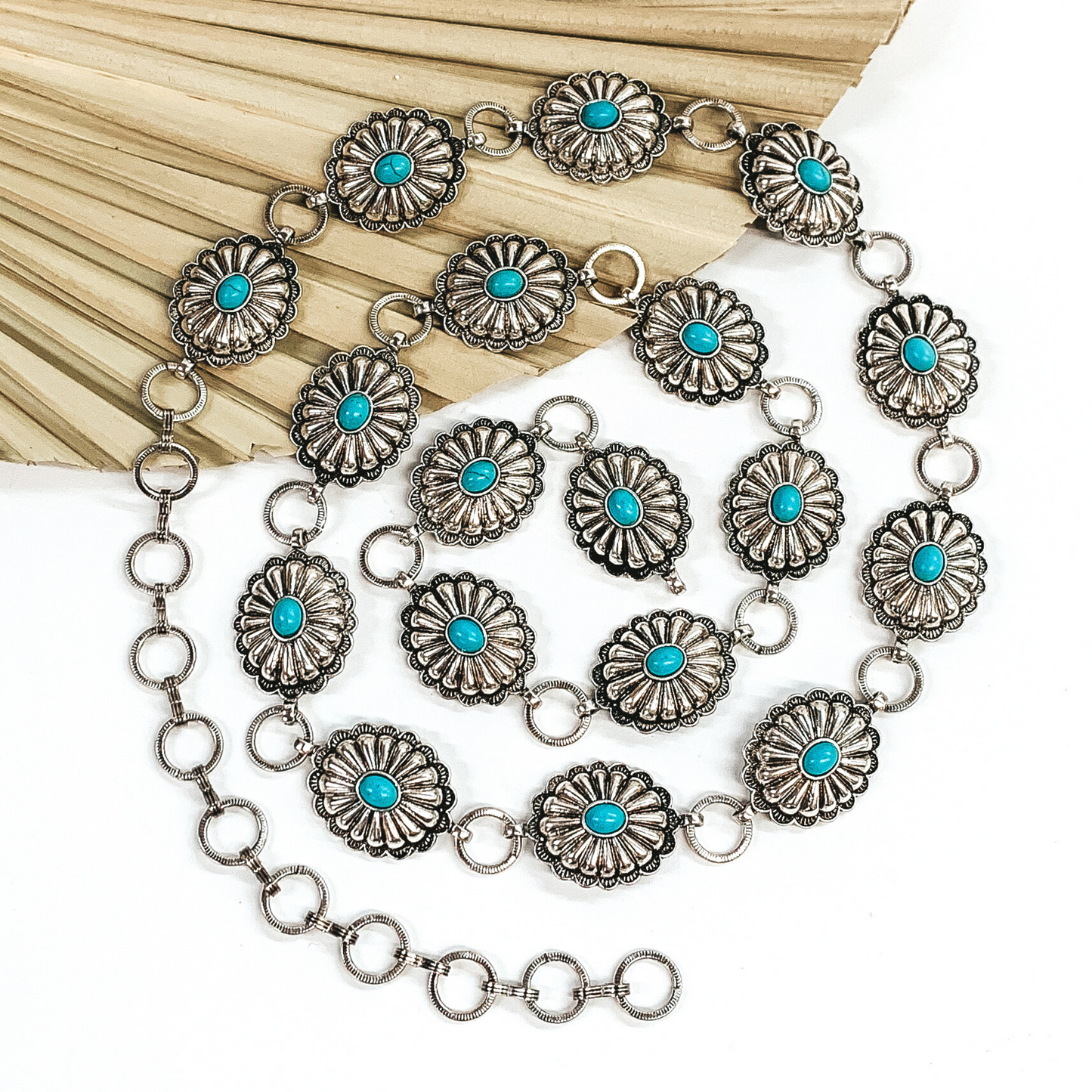 Pretty Things Concho Belt with Faux Turquoise Stones in Silver Tone