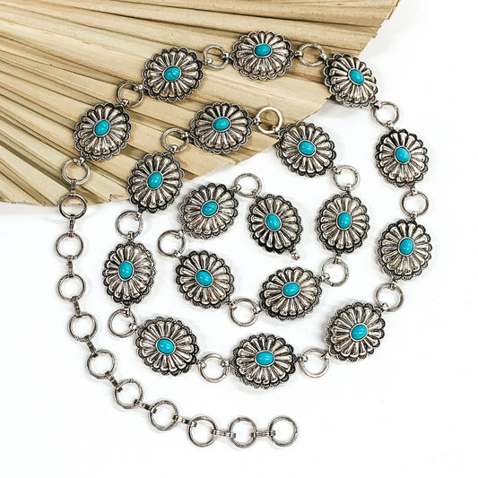Pretty Things Concho Belt with Faux Turquoise Stones in Silver Tone