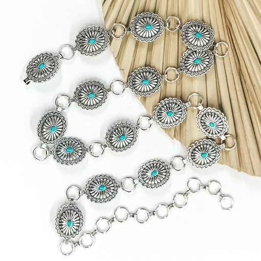 Concho Belt with Faux Turquoise Stones in Silver Tone