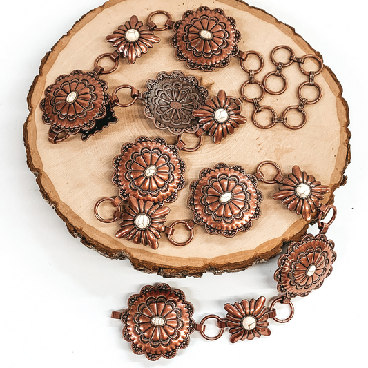 Chasing Sunsets Concho Belt with Center Faux Ivory Stones in Copper