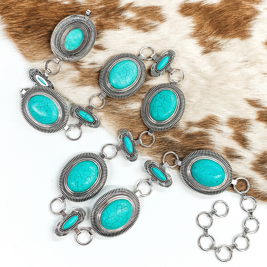 Western State of Mind Silver Tone Concho Belt with Faux Turquoise Stones