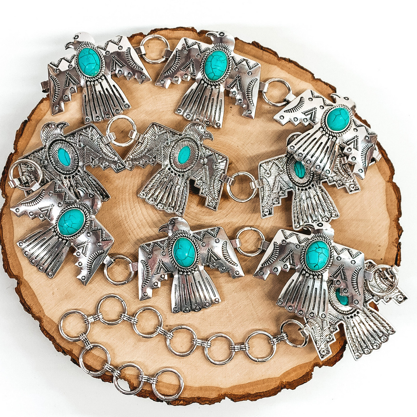 Thunder Bird Concho Belt in Silver Tone With Turquoise Stone