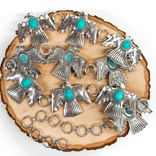 Thunder Bird Concho Belt in Silver Tone With Turquoise Stone