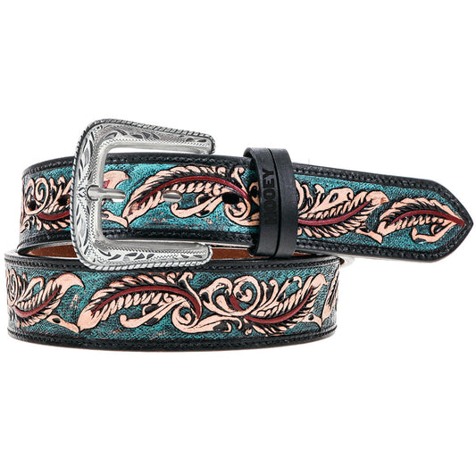 "Sequoia" Black/Turquoise/Red Hand Tooled Leather Belt