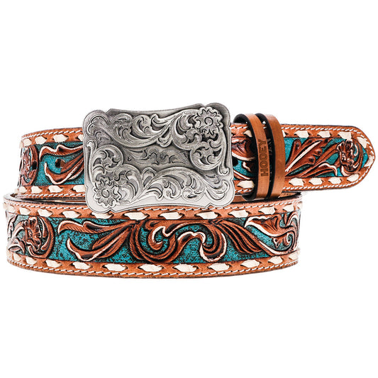 "Sonoma" Brown/Ivory w/Turquoise Floral Hand Tooled Belt