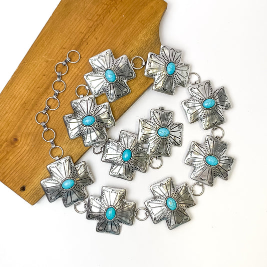 Adjustable Square Cross Concho Belt in Silver Tone with Faux Turquoise Stones