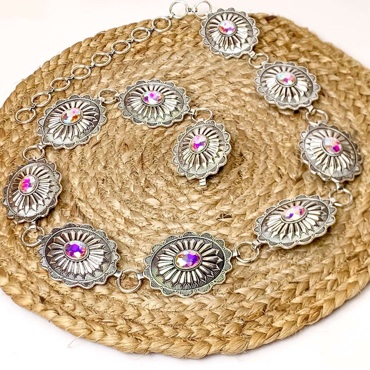 Silver Concho Chain Belt with Center AB Stones