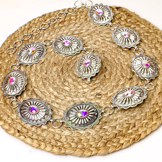 Silver Concho Chain Belt with Center AB Stones