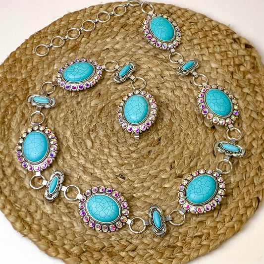 Silver Faux Turquoise Concho with AB crystal Border Chain Link Belt