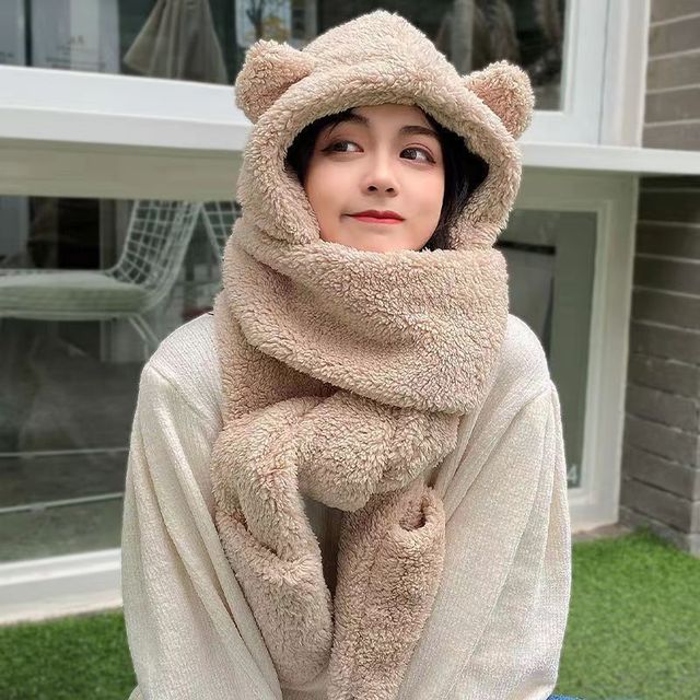New Cute Bear Ear Hat Scarf Gloves Set