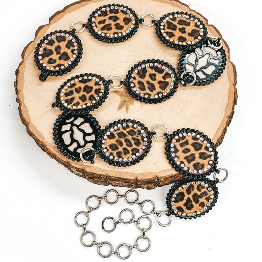 Leopard Print Concho Belt with AB Crystal Outline in Black