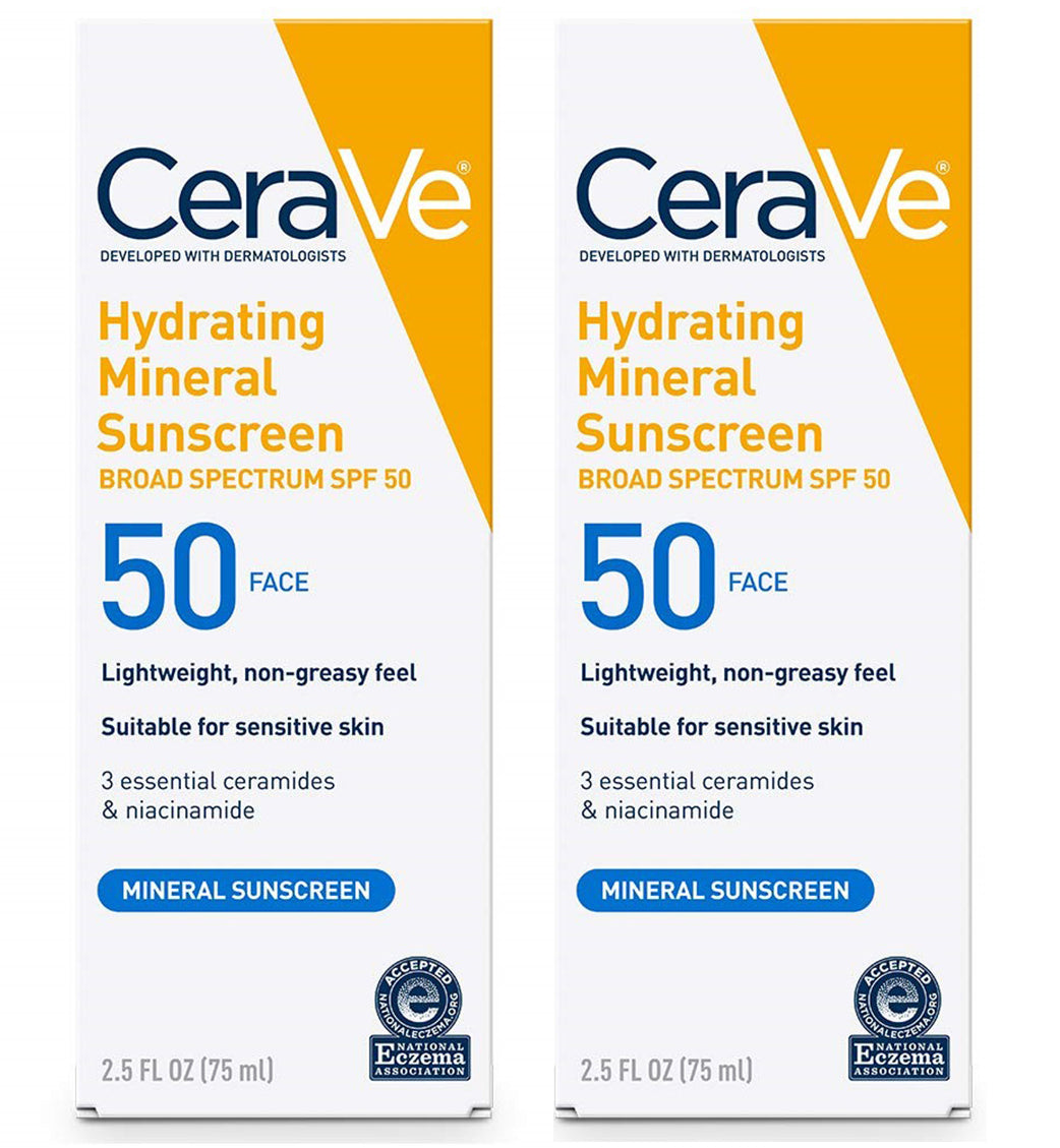 CeraVe Hydrating Mineral Sunscreen SPF 50 - Body Sunscreen with Zinc Oxide & Titanium Dioxide for Sensitive Skin - 2.5oz/75ml