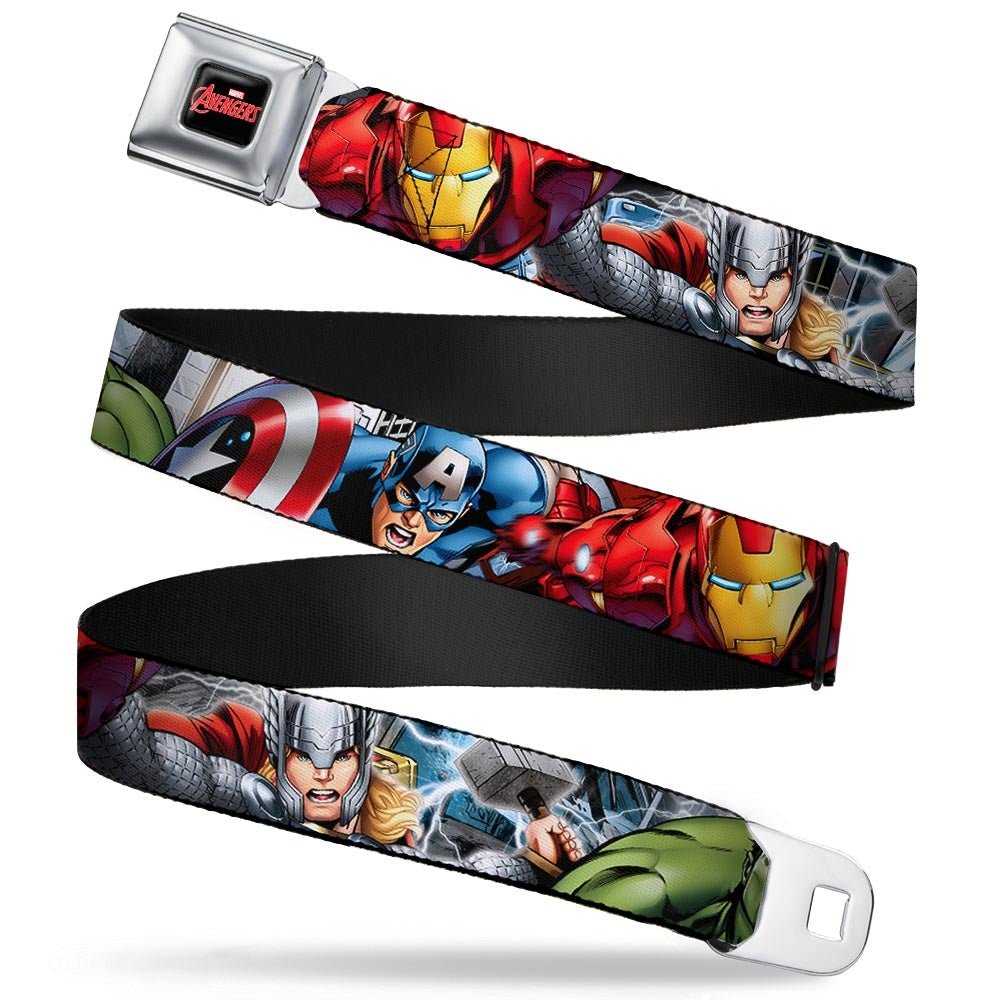 Marvel Avengers Logo Full Color Black Red White - Marvel Avengers 4-Superhero Poses Close-Up Webbing Seatbelt Belt