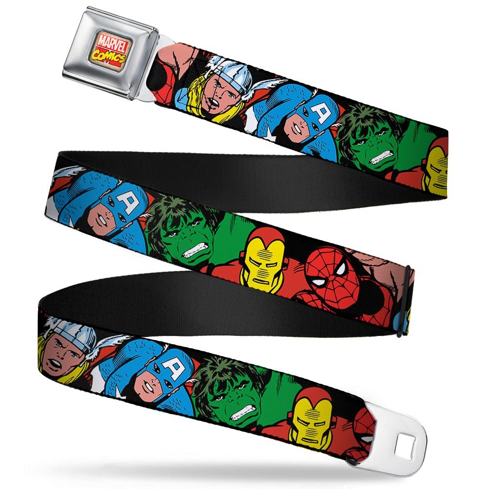 Marvel Comics Logo Full Color - 5-Marvel Characters Black Webbing Seatbelt Belt